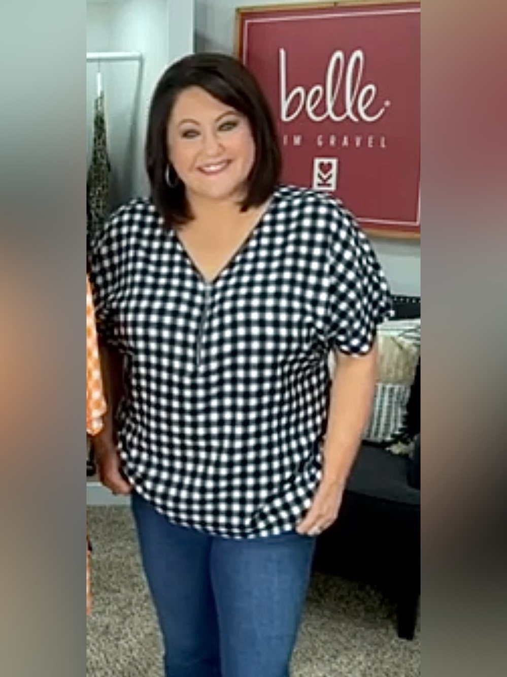 Belle By Kim Gravel Black & White Gingham Signature Zip-Front Woven Blouse! 1X. - Picture 6 of 14